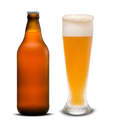 Glass of beer and Brown bottle isolated on a white background.