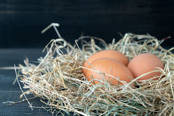 Close up of fresh brown chicken eggs in hay nest on black wooden background. Concept of organic eggs, free space for text or other elements