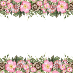 Roses and shells. Watercolor flower border