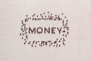 Money symbol surrounded by coffee beans on linen texture, arranged in center.