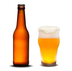 300ml beer bottles dry and glass beer with drops on white background.