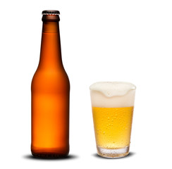 300ml beer bottles dry and glass beer with drops on white background.