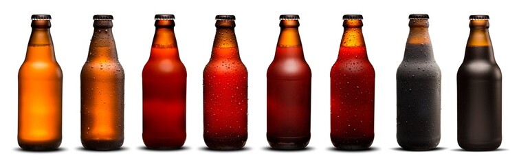 300ml beer bottles with drops and dries on white background. Pilsen, porter, ipa and weiss.