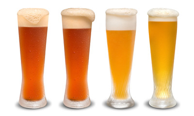 Set of many beer glasses with different beer isolate on white background.