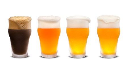 Set of many beer glasses with different beer isolate on white background.