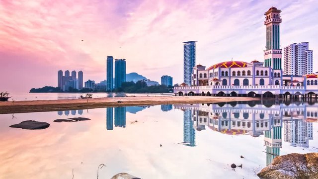4K Time Lapse view in Tanjung Bungah floating mosque of George Town Penang, Malaysia indicating Hijri New Year and Ramadan