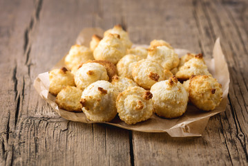 Group of Sweet Coconut Cookies on Old Wooden Background Horizontal Tasty Coconut Dessert Homemade Coconut Cookies