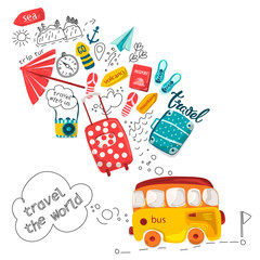 Vector illustration of a travel comic. Planning a summer vacation, adventure or business trip. Drawing objects travel and the passenger's baggage