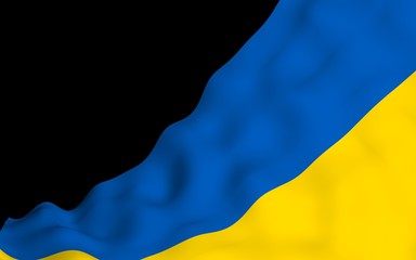 The flag of Ukraine on a dark background. National flag and state ensign. Blue and yellow bicolour. 3D illustration waving flag