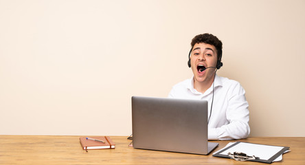 Telemarketer man shouting to the front with mouth wide open
