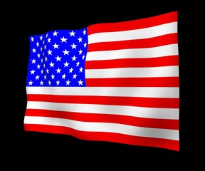 Waving flag of the United States of America on a dark background. Stars and Stripes. State symbol of the USA. 3D illustration