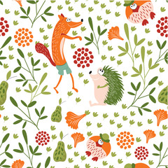 Forest animals seamless baby pattern. Sly Fox, hedgehog and Mr. bird walk in a forest glade. Background for children's room, books, fabrics, postcards