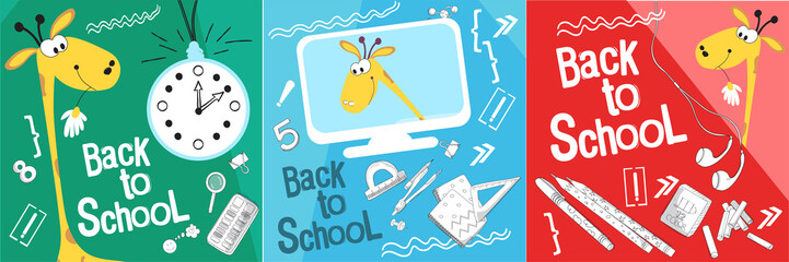 Set back to school vector illustration. Style comics cartoon about school. For the youngest children. The giraffe is getting ready for school and buying school supplies. Suitable for advertising, web 