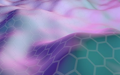 Colorful honeycomb with a gradient color on a light background. Perspective view on polygon look like honeycomb. Wavy surface. Isometric geometry. 3D illustration