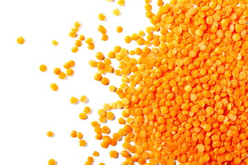 Pile red lentils isolated on white background, top view and clipping path