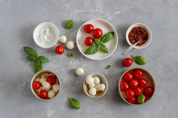Small bowls with colorful ingredients of Caprese salad on a dark background, flat lay style