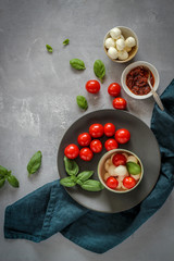 Small bowls with colorful ingredients of Caprese salad on a dark background, flat lay style