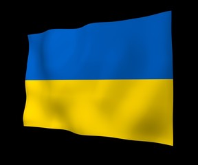 The flag of Ukraine on a dark background. National flag and state ensign. Blue and yellow bicolour. 3D illustration waving flag