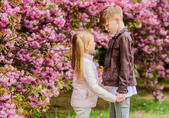 Spring time to fall in love. Kids in love pink cherry blossom. Love is in the air. Couple adorable lovely kids walk sakura garden. Tender love feelings. Little girl and boy. Romantic date in park