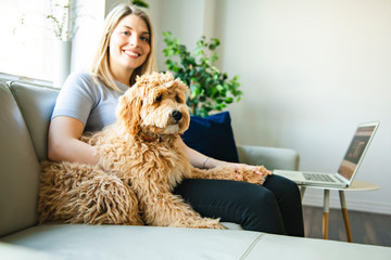 woman with his Golden Labradoodle dog at home