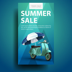 Summer sale, modern, stylish vertical banner for your business with scooter with a beach umbrella © DDevicee
