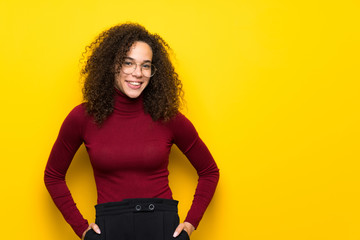 Dominican woman with turtleneck sweater With happy expression - obrazy, fototapety, plakaty