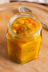 Piccalilli an English relish of chopped pickled vegetables seasoned with mustard and turmeric