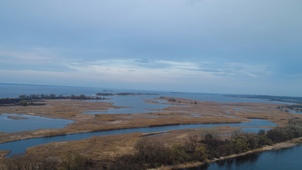 river with lot of islands aireal shoot 