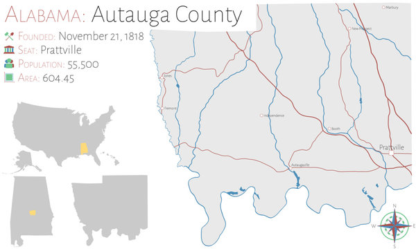 Large and detailed map of Autauga county in Alabama, USA