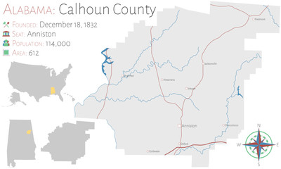 Large and detailed map of Calhoun county in Alabama, USA