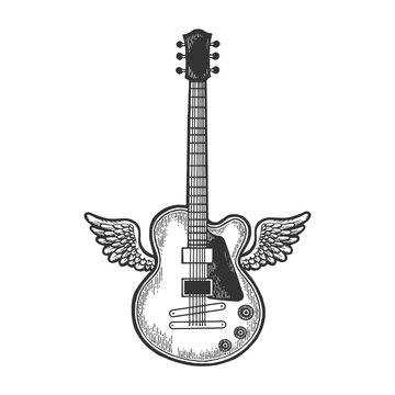 Flying Electric guitar with wings sketch engraving vector illustration. Scratch board style imitation. Black and white hand drawn image.