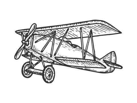 Vintage retro old aircraft sketch engraving vector illustration. Scratch board style imitation. Black and white hand drawn image.
