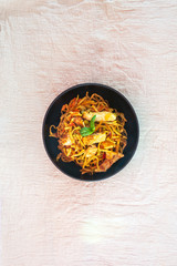 Vegetable noodles with chicken meat preparation