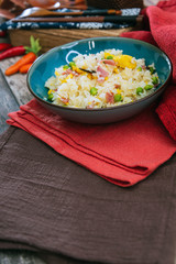Cantonese fried basmati rice with ham and eggs