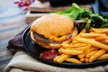 Cheese burger - American cheese burger with Golden French fries
