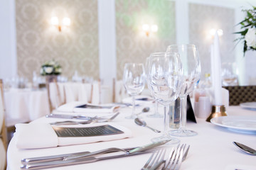 Close up detail wedding table with glasses