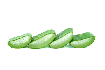 Fresh sliced aloe vera with water drops, isolated on a white background