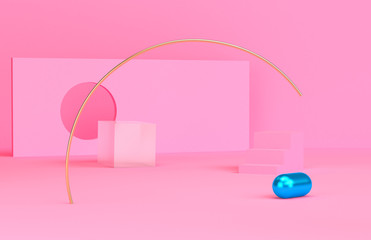 Pink Scene with geometrical forms, minimal abstract  background,3D render