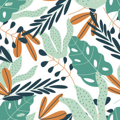 Seamless pattern with tropical plants on white background. Vector design. Flat jungle print. Floral background.