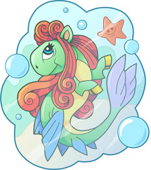 Cartoon cute pony mermaid, funny illustration design