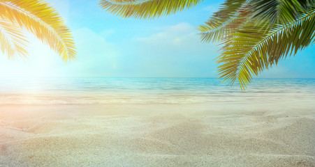 Fototapeta na wymiar Summer holidays with sand and palm leaves