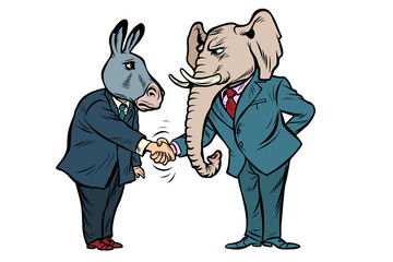 donkey shakes elephant hand. Democrats Republicans isolate on white background