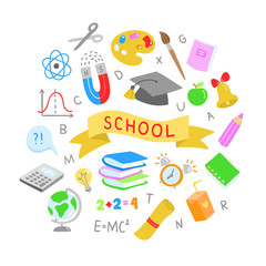 School vector icons on white background. Cute learning illustrations for kids with different objects