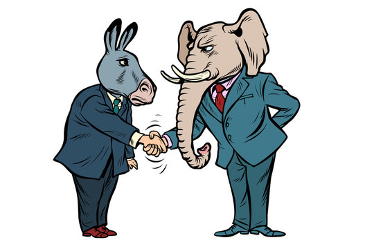 donkey shakes elephant hand. Democrats Republicans isolate on white background