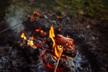 Czech Traditional barbecue sausages on a stick, roasted on a campfire - typical czech outdoor activity with friends or family
