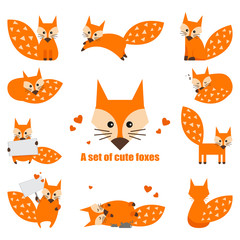 Set of cute cartoon foxes in modern simple flat style. Isolated vector illustration
