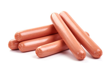 Fresh pork boiled sausages, close-up, isolated on white background