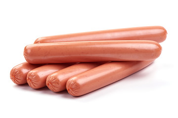 Fresh pork boiled sausages, close-up, isolated on white background