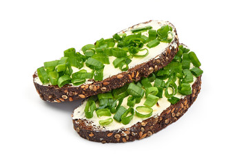 Sandwich with green onion, rye bread, close-up, isolated on white background