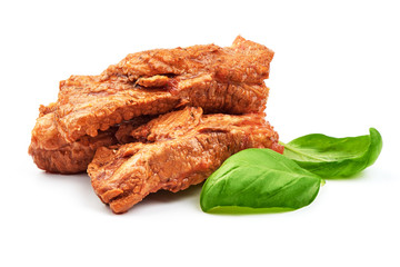 Pork ribs stew with basil, home cooking, close-up, isolated on white background